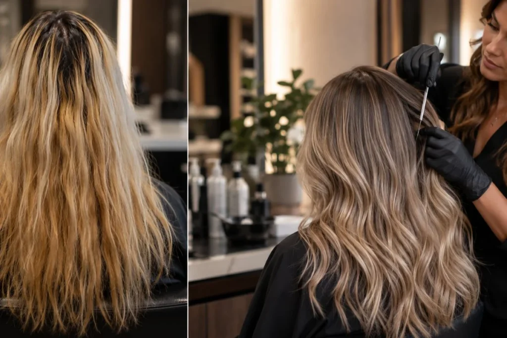 Correção profissional de mechas com cabelo loiro tratado em salão de luxo