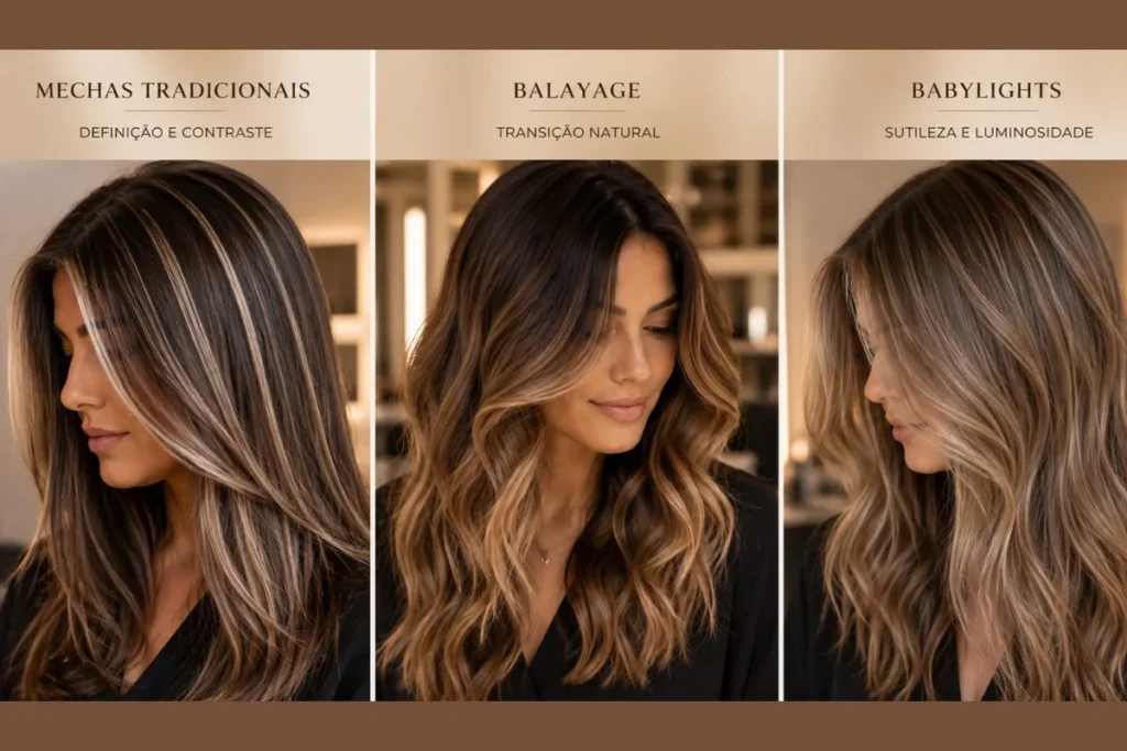 Comparação entre mechas tradicionais, balayage e babylights em cabelo feminino