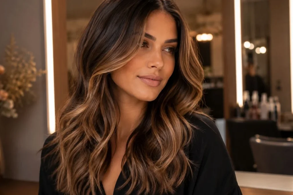 Mulher morena com balayage caramelo natural em salão de beleza premium em São Carlos