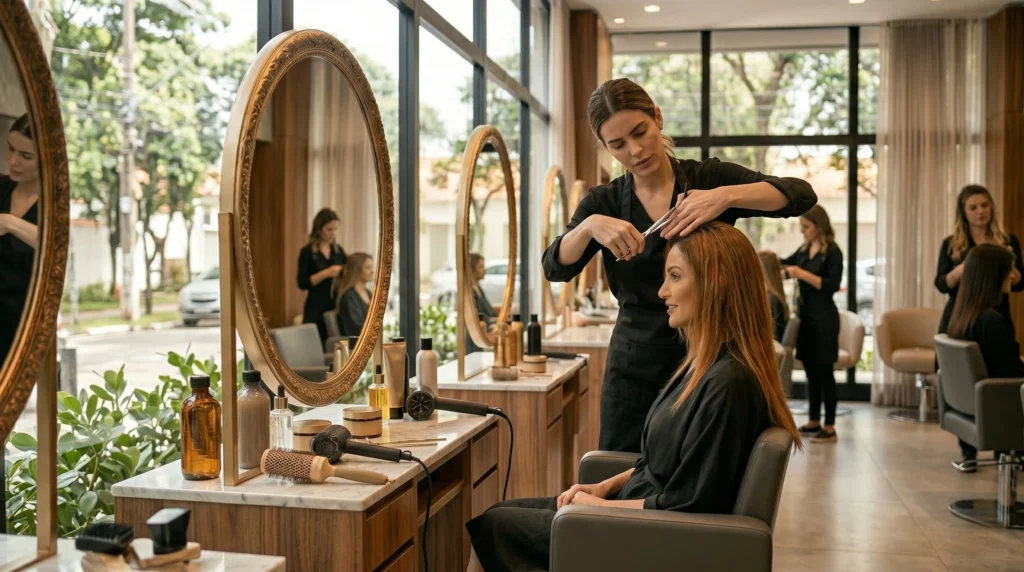 Mulher realizando corte de cabelo em salão de beleza de São Carlos com atendimento profissional