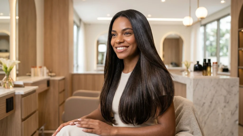 Cliente satisfeita após atendimento profissional com cabelo saudável e bem cuidado