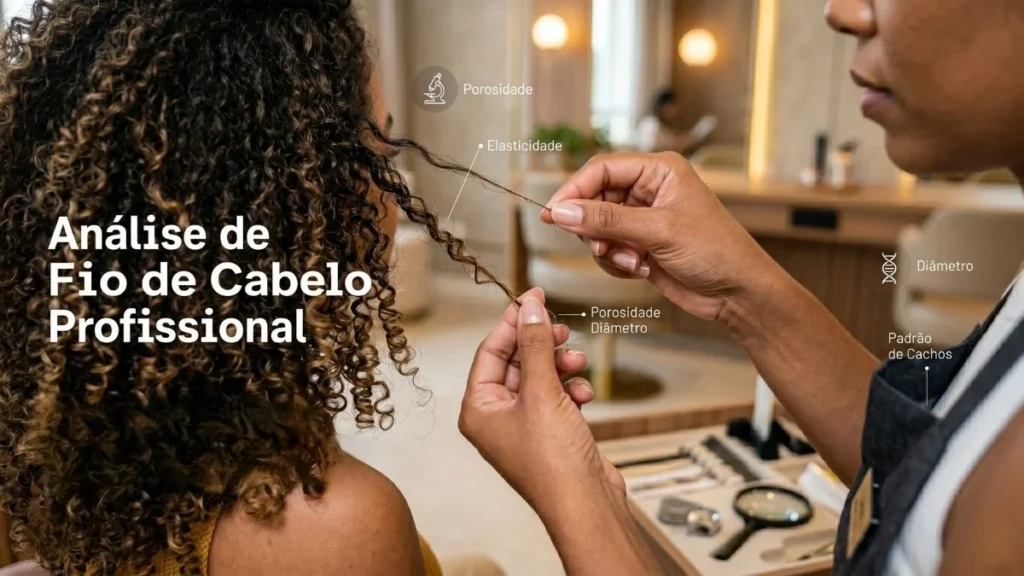Profissional avaliando porosidade e saúde de cabelo cacheado
