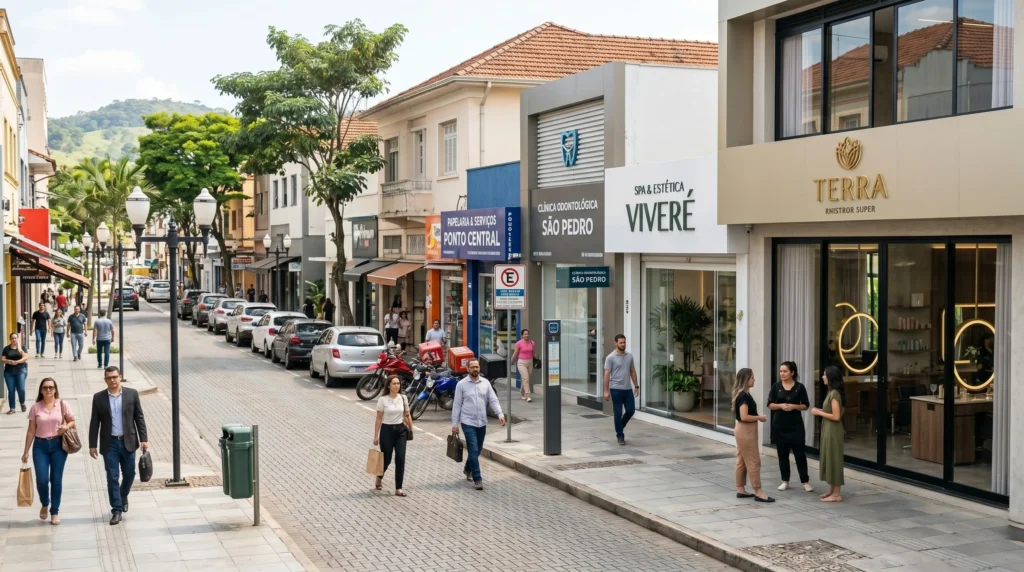 Rua comercial de São Carlos com estabelecimentos de beleza e serviços